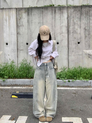Vintage Washed Side Pintuck Denim Long Pants