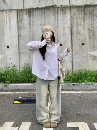 Vintage Washed Side Pintuck Denim Long Pants