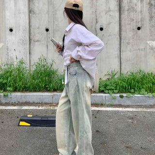 Vintage Washed Side Pintuck Denim Long Pants