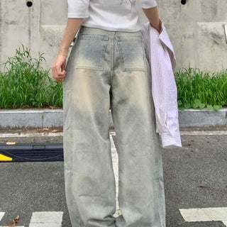 Vintage Washed Side Pintuck Denim Long Pants