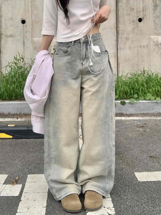 Vintage Washed Side Pintuck Denim Long Pants