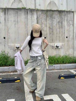 Vintage Washed Side Pintuck Denim Long Pants