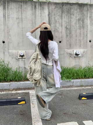 Vintage Washed Side Pintuck Denim Long Pants