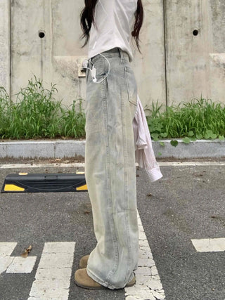 Vintage Washed Side Pintuck Denim Long Pants