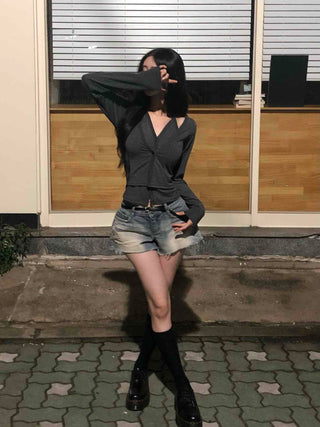 Halter Layered Cardigan Spring/Autumn Long Sleeve T-shirt