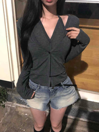 Halter Layered Cardigan Spring/Autumn Long Sleeve T-shirt