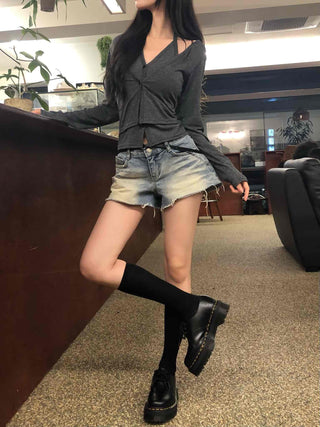 Halter Layered Cardigan Spring/Autumn Long Sleeve T-shirt