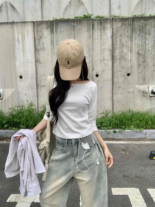 Plain Boat Neck Short Sleeve T-shirt