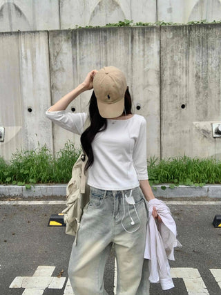 Plain Boat Neck Short Sleeve T-shirt
