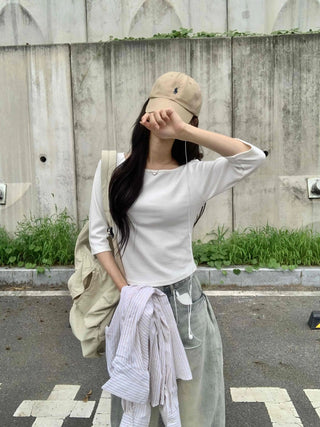 Plain Boat Neck Short Sleeve T-shirt