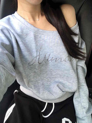 Retro Cubic Bead Off-Shoulder Sweatshirt