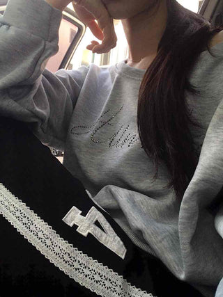 Retro Cubic Bead Off-Shoulder Sweatshirt