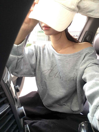 Retro Cubic Bead Off-Shoulder Sweatshirt