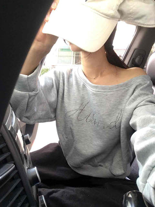 Retro Cubic Bead Off-Shoulder Sweatshirt
