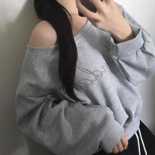 Retro Cubic Bead Off-Shoulder Sweatshirt