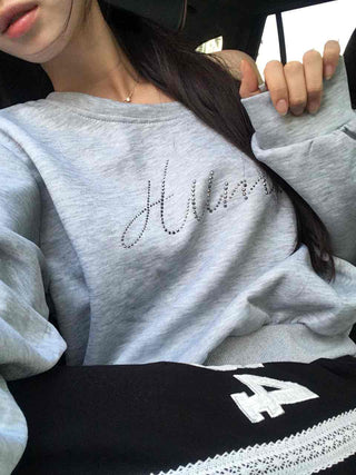 Retro Cubic Bead Off-Shoulder Sweatshirt