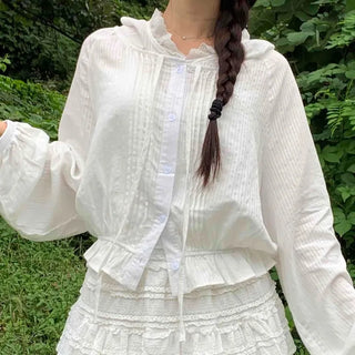 White soft loose-fit frill hooded blouse