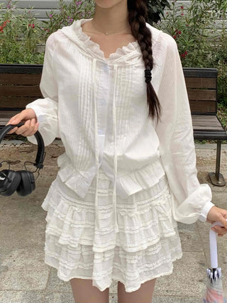 White soft loose-fit frill hooded blouse