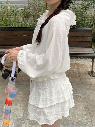 White soft loose-fit frill hooded blouse