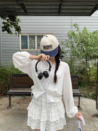 White soft loose-fit frill hooded blouse