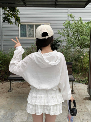 White soft loose-fit frill hooded blouse