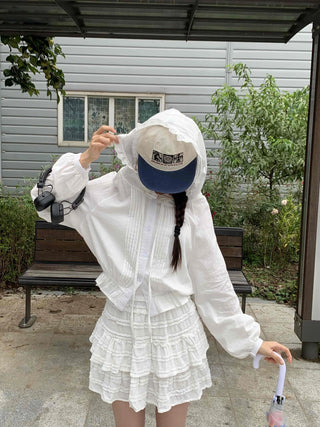 White soft loose-fit frill hooded blouse