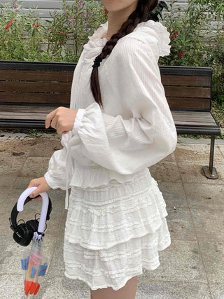 White soft loose-fit frill hooded blouse