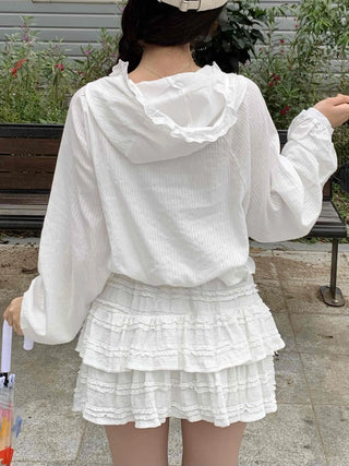 White soft loose-fit frill hooded blouse