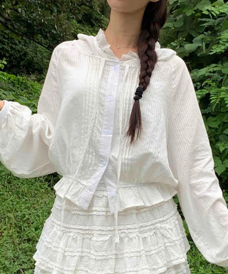 White soft loose-fit frill hooded blouse