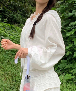 White soft loose-fit frill hooded blouse