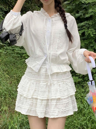 White soft loose-fit frill hooded blouse