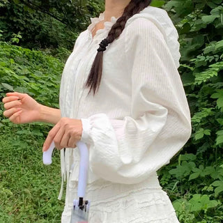 White soft loose-fit frill hooded blouse