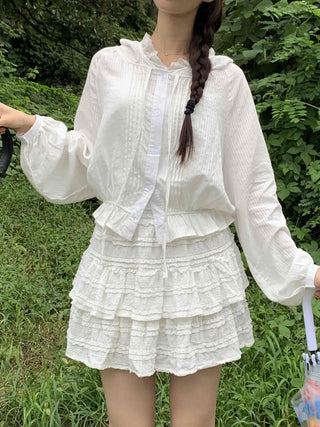 White soft loose-fit frill hooded blouse
