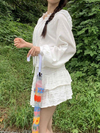 White soft loose-fit frill hooded blouse