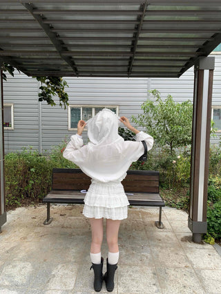 White soft loose-fit frill hooded blouse