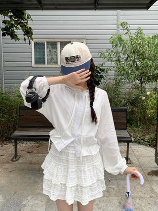 White soft loose-fit frill hooded blouse