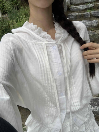 White soft loose-fit frill hooded blouse