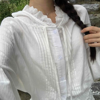 White soft loose-fit frill hooded blouse