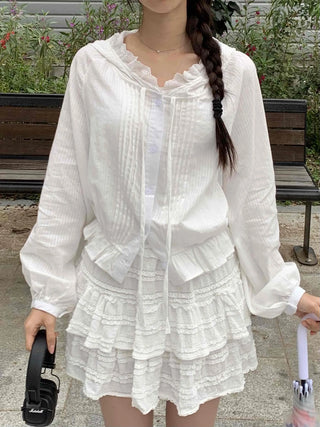 White soft loose-fit frill hooded blouse