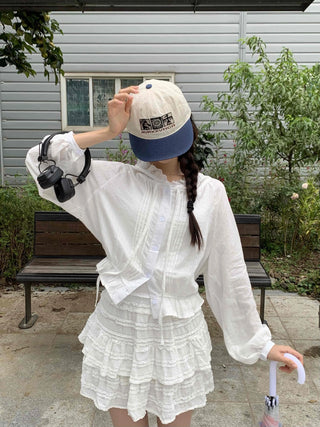 White soft loose-fit frill hooded blouse