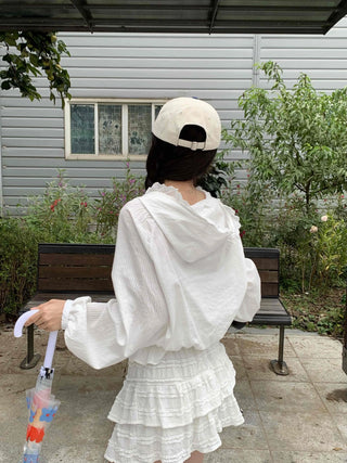 White soft loose-fit frill hooded blouse