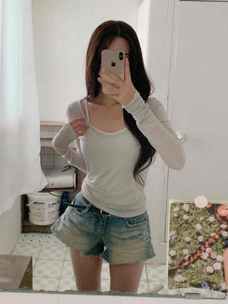 Date look see-through Tencel V-neck plain long-sleeve t-shirt