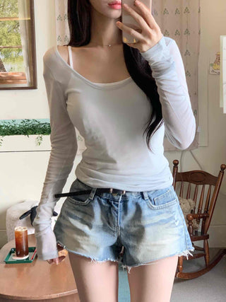 Date look see-through Tencel V-neck plain long-sleeve t-shirt