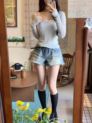 Date look see-through Tencel V-neck plain long-sleeve t-shirt