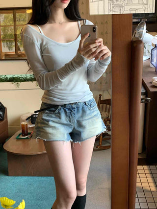 Date look see-through Tencel V-neck plain long-sleeve t-shirt