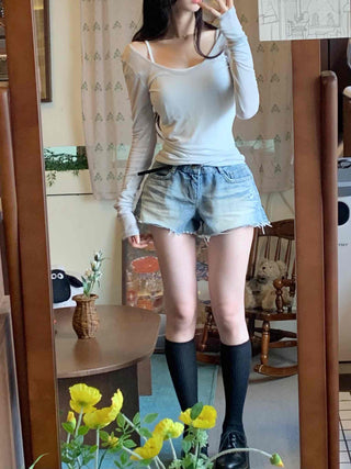 Date look see-through Tencel V-neck plain long-sleeve t-shirt