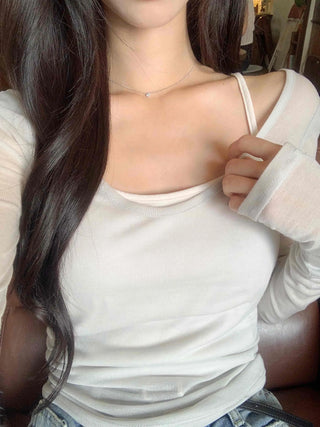 Date look see-through Tencel V-neck plain long-sleeve t-shirt