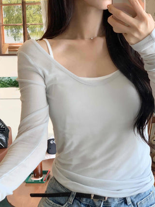 Date look see-through Tencel V-neck plain long-sleeve t-shirt