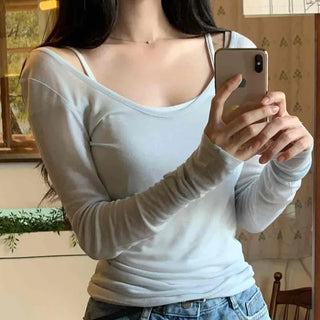 Date look see-through Tencel V-neck plain long-sleeve t-shirt