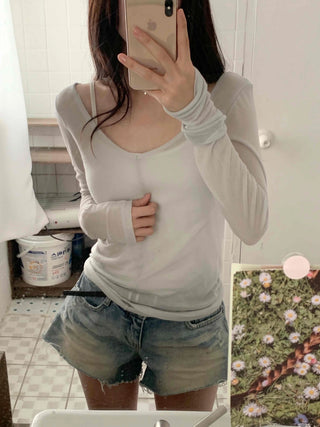 Date look see-through Tencel V-neck plain long-sleeve t-shirt